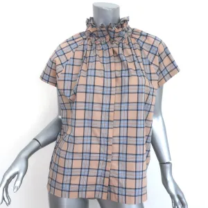 Ein Hemd-Ding Stella Rüschenhals Bluse Beige Karo Größe Mittel Kurzarm Top