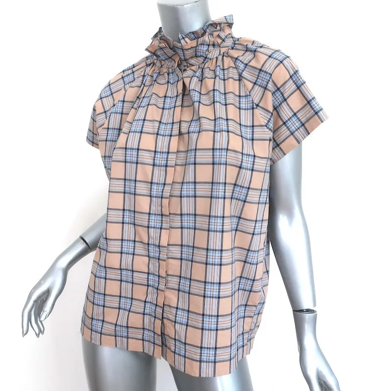 Ein Hemd-Ding Stella Rüschenhals Bluse Beige Karo Größe Mittel Kurzarm Top
