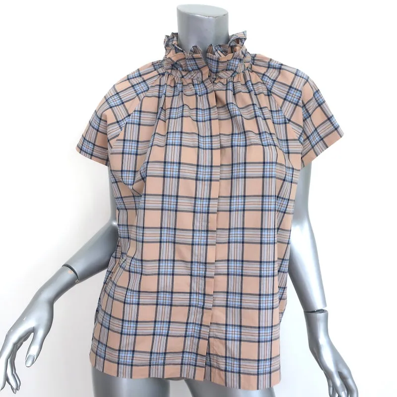 Ein Hemd-Ding Stella Rüschenhals Bluse Beige Karo Größe Mittel Kurzarm Top