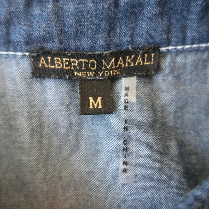 Alberto Makali Button-Down-Hemd Blau Denim & Bedruckter Crêpe Größe M