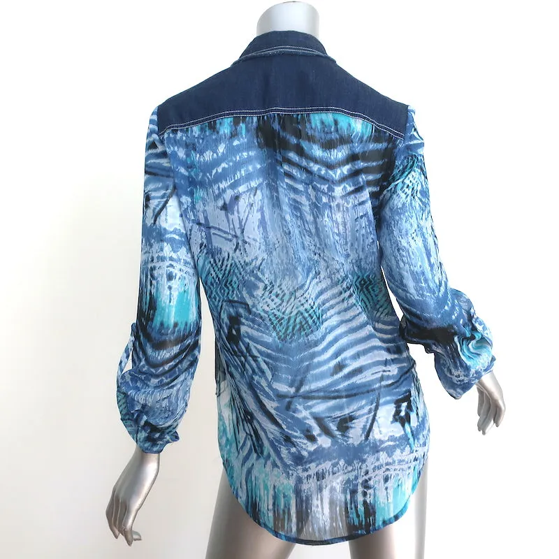 Alberto Makali Button-Down-Hemd Blau Denim & Bedruckter Crêpe Größe M