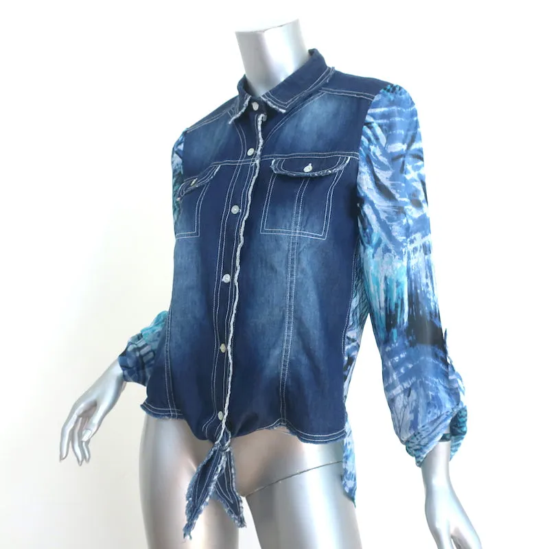 Alberto Makali Button-Down-Hemd Blau Denim & Bedruckter Crêpe Größe M