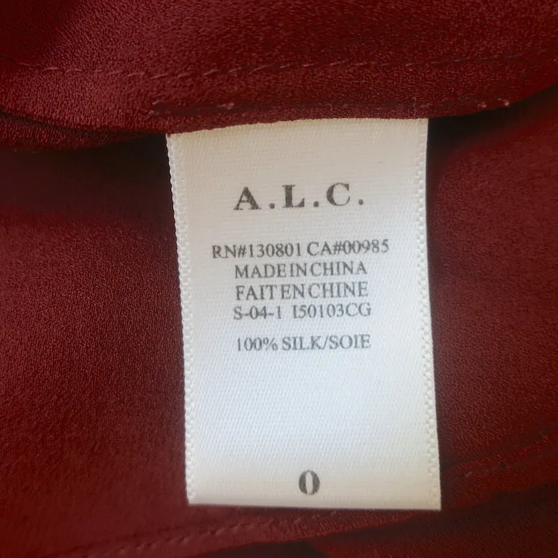 A.L.C. Sally Rüschenbluse mit offenem Rücken Bordeaux Seide Größe 0 Langarmtop