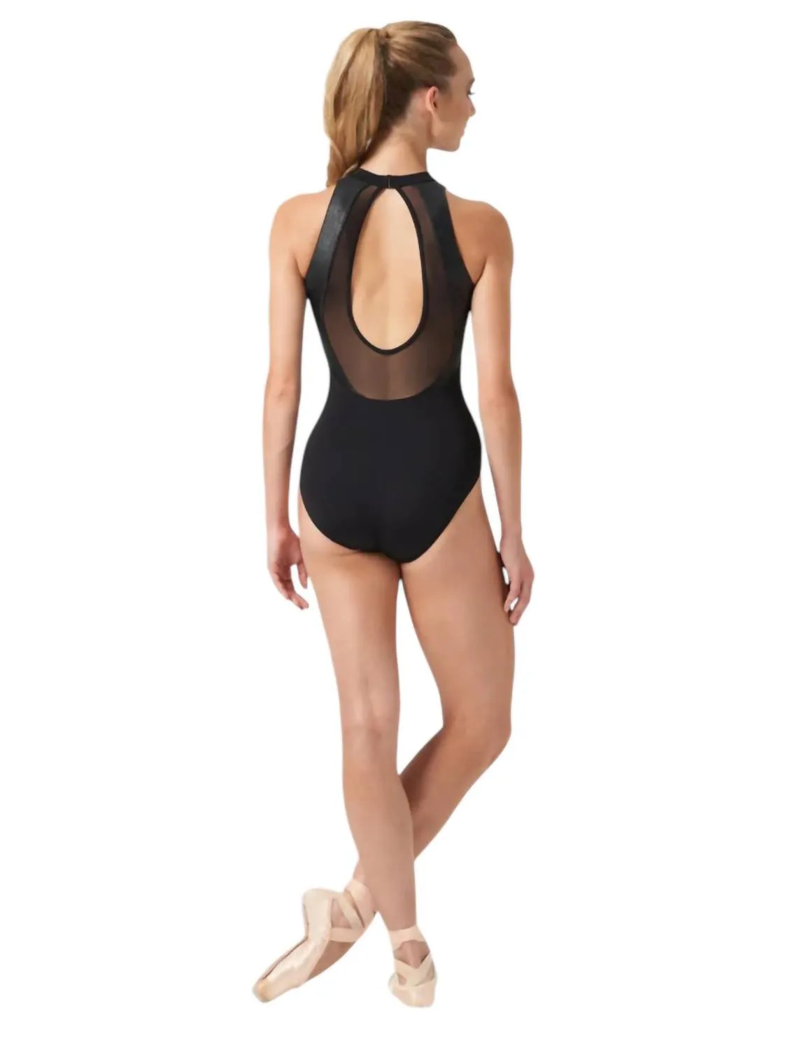 Arya Open-Back-Lederoptik-Leotard in Schwarz