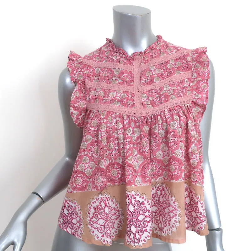 Bell-Ruffle-Top Pink Gedruckte Baumwolle Größe Small Ärmellose Bluse