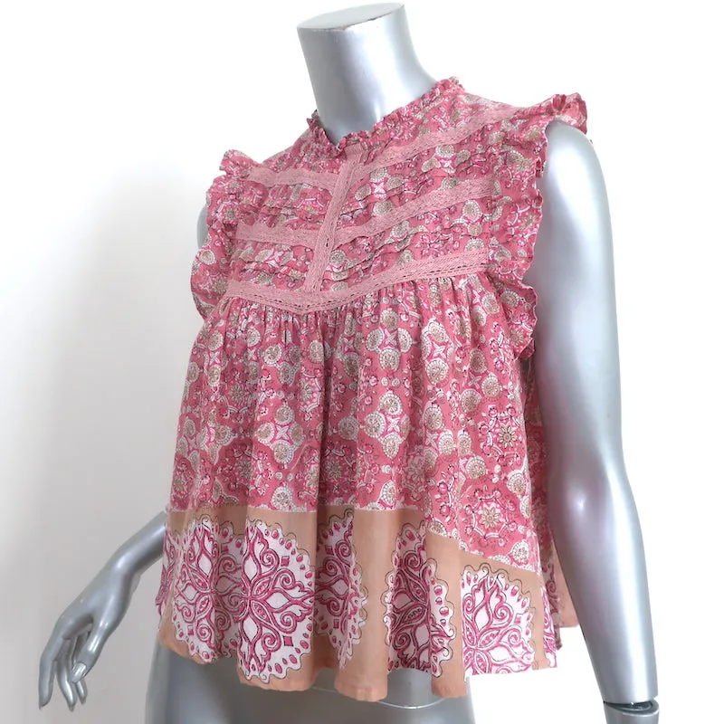 Bell-Ruffle-Top Pink Gedruckte Baumwolle Größe Small Ärmellose Bluse