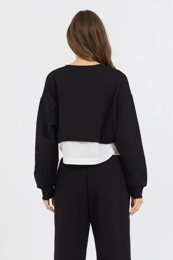 Schwarz/Weiß Essential Fleece Crewneck mit Poplin-Einsatz