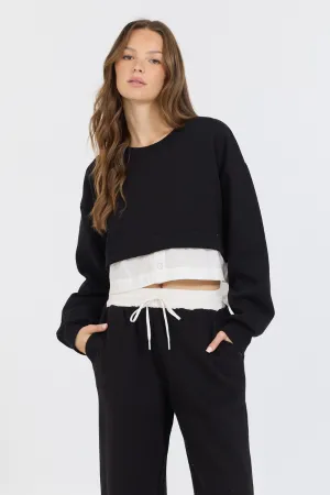 Schwarz/Weiß Essential Fleece Crewneck mit Poplin-Einsatz