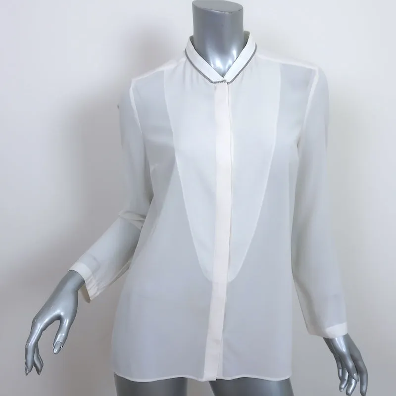 Brunello Cucinelli Monili-Trim Bluse mit Knopfleiste Cremefarben Dehnbare Seide Größe L