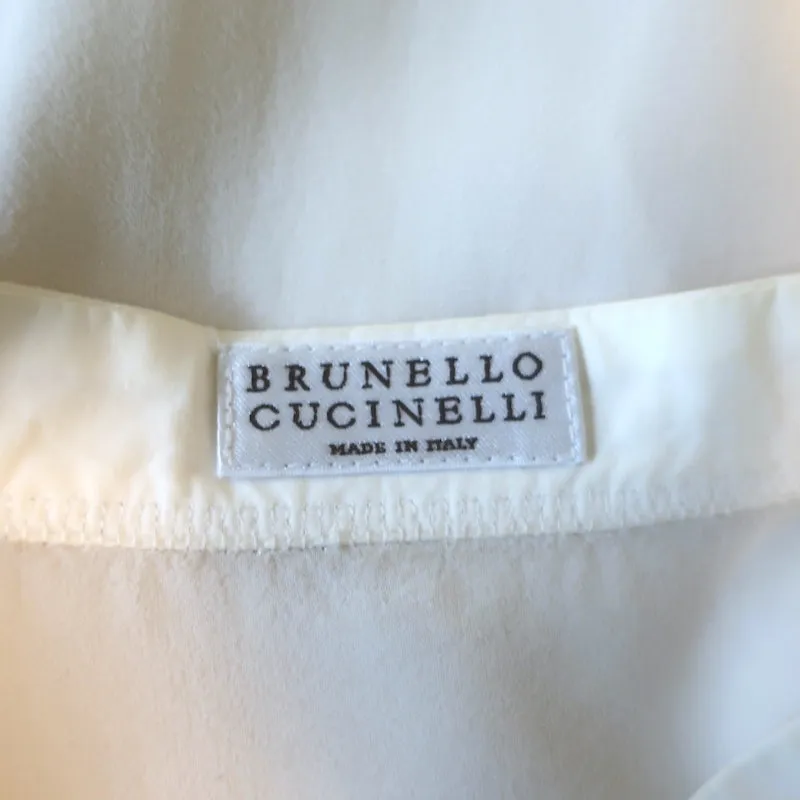 Brunello Cucinelli Monili-Trim Bluse mit Knopfleiste Cremefarben Dehnbare Seide Größe L