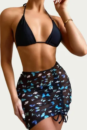 Schmetterlingsrock Bikini-Set in Schwarz, 3-teilig