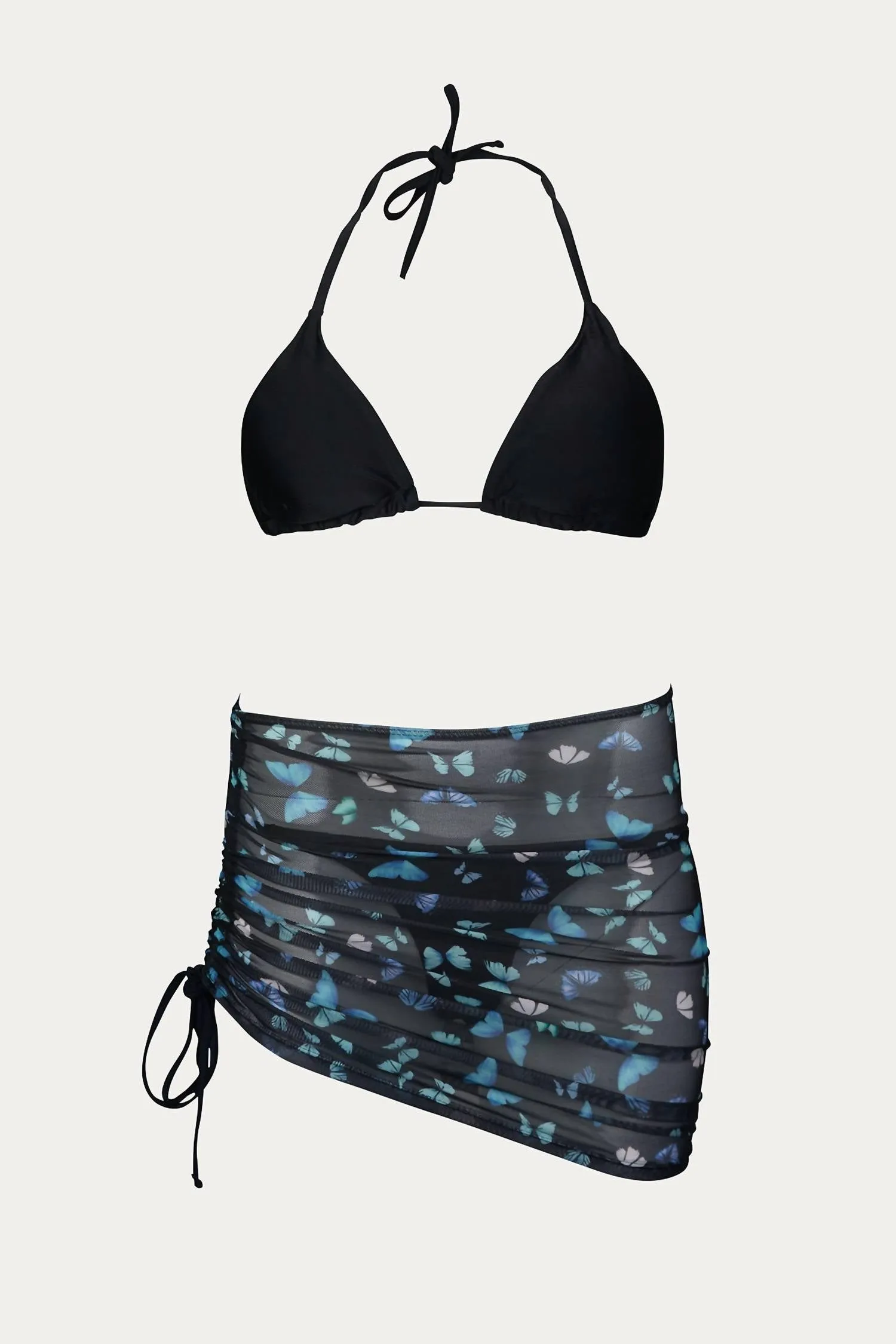 Schmetterlingsrock Bikini-Set in Schwarz, 3-teilig