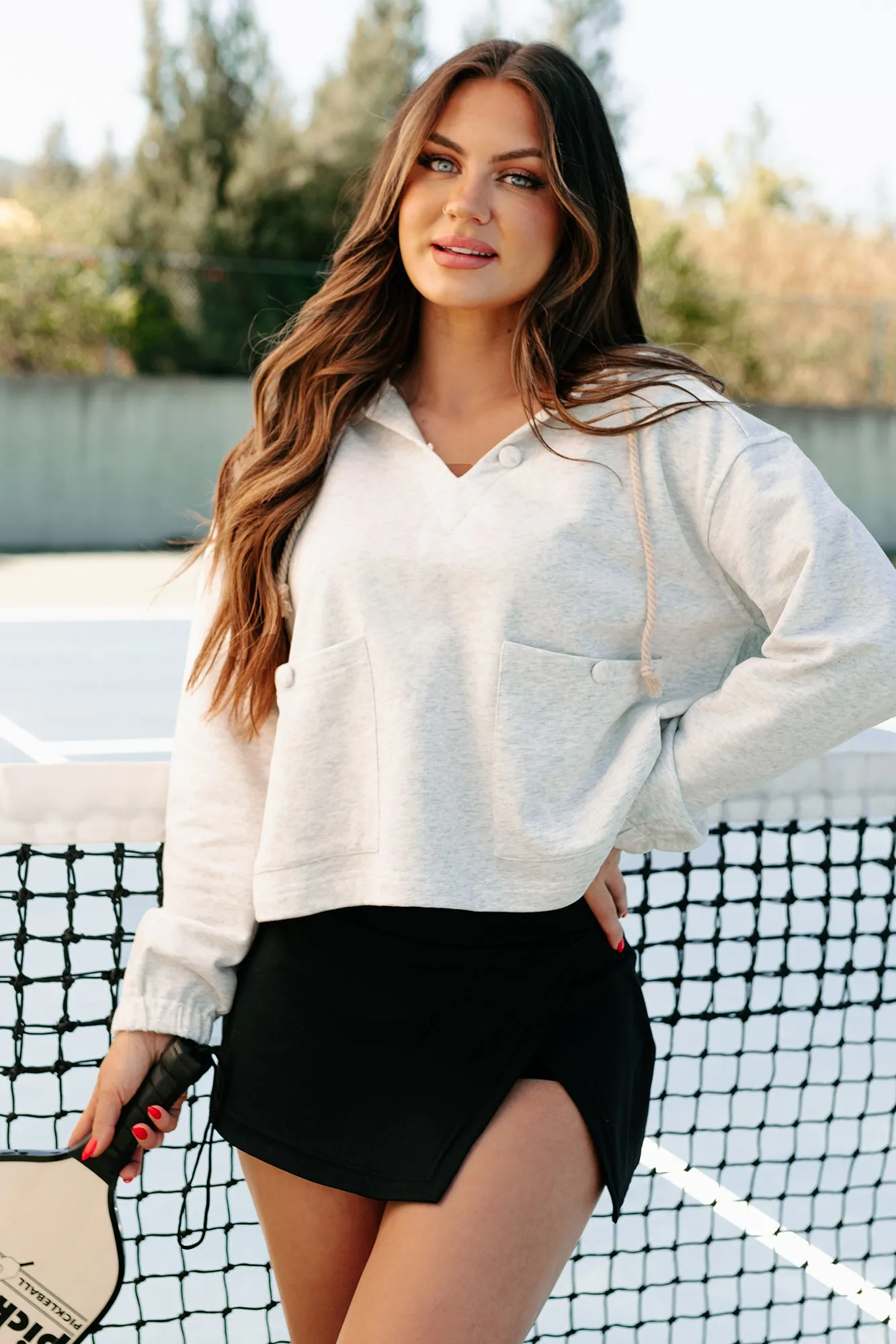 Cape Cod Niedliches Kapuzenpullover-Top mit Knopfverschlusstasche (Heather Grau)