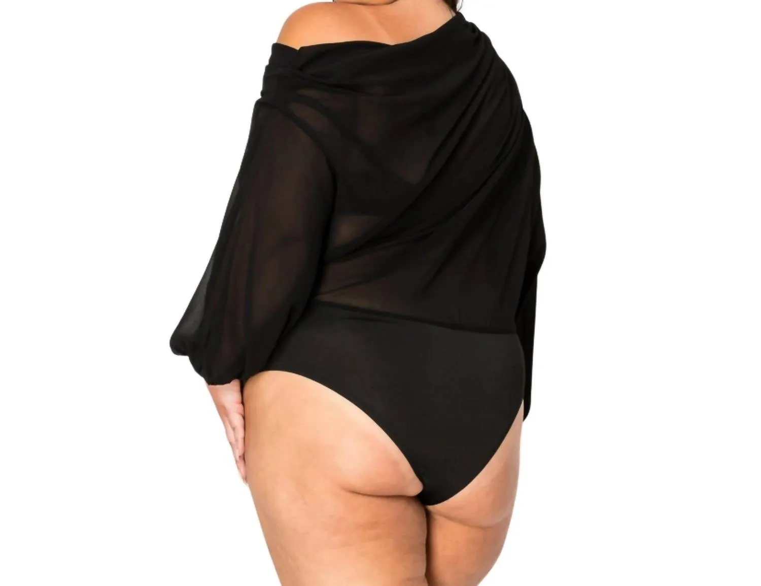 Chiffon Rundhals-Ausschnitt mit Rosette Langarm-Body - Plus in Schwarz