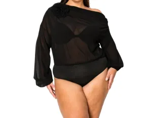 Chiffon Rundhals-Ausschnitt mit Rosette Langarm-Body - Plus in Schwarz