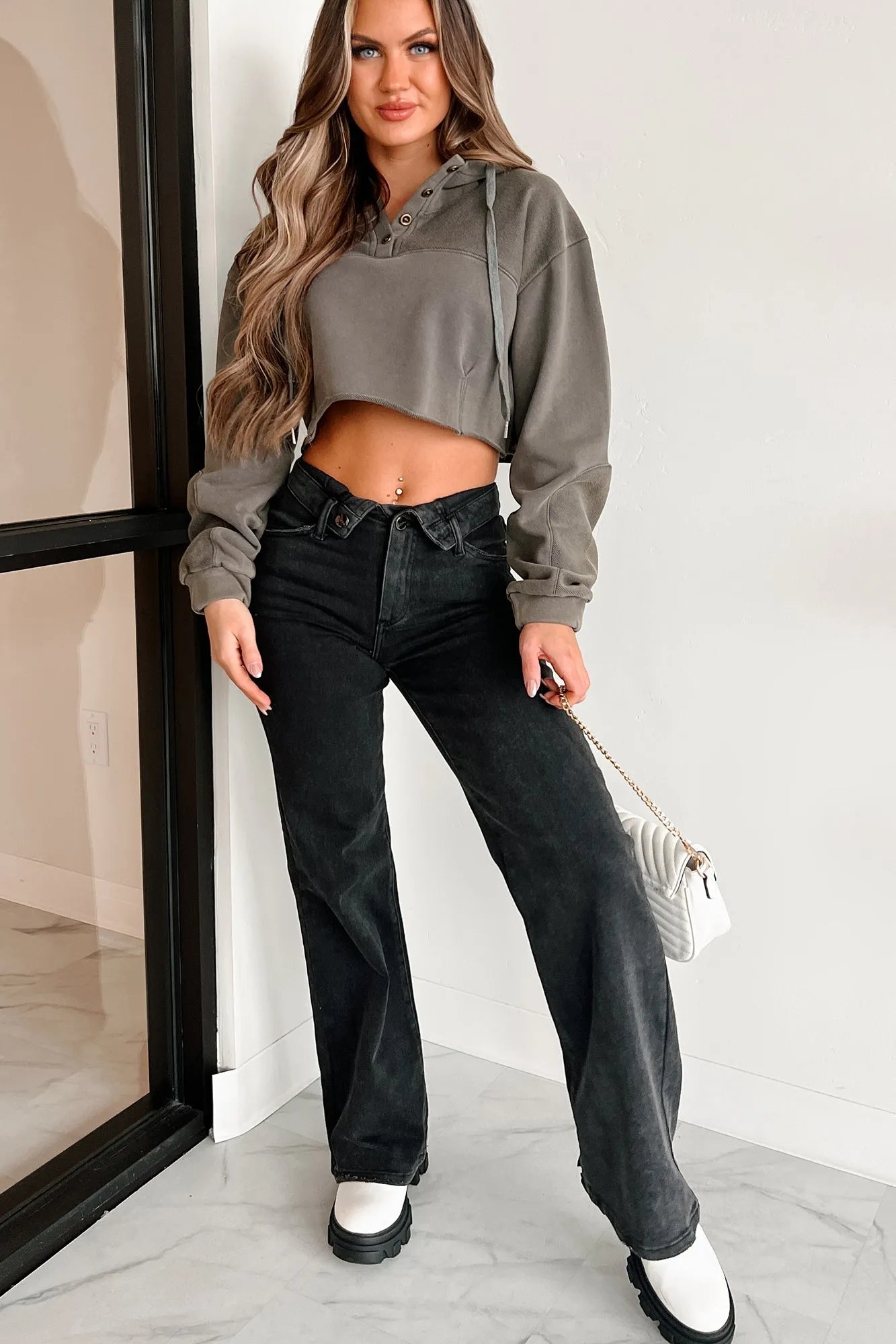 Gemütliche Cropped Kapuzenpullover (Aschgrau)
