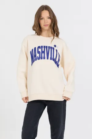Creme mit königsblau gefärbtem Fleece-Crew mit Glitzerdruck