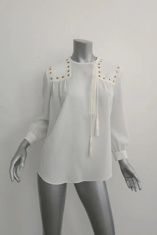 Derek Lam 10 Crosby Bluse Creme Grommet-Besatz Krepp Größe 4 Langarm Top NEU