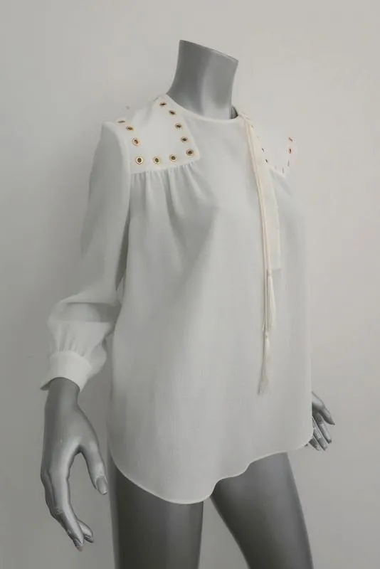Derek Lam 10 Crosby Bluse Creme Grommet-Besatz Krepp Größe 4 Langarm Top NEU