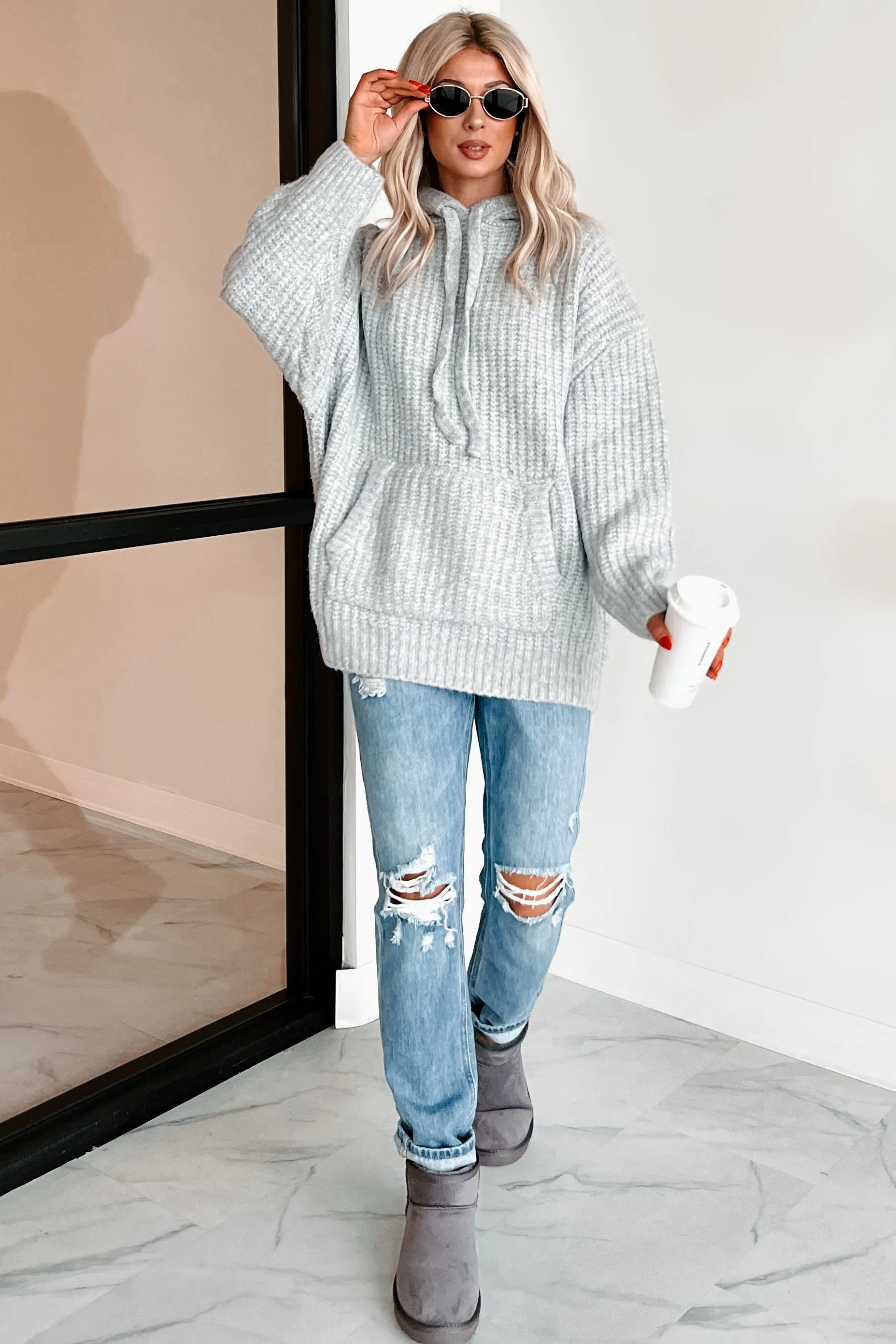 DOORBUSTER Frost Looms Übergroßer Strickpullover mit Kapuze (Heather Grey)