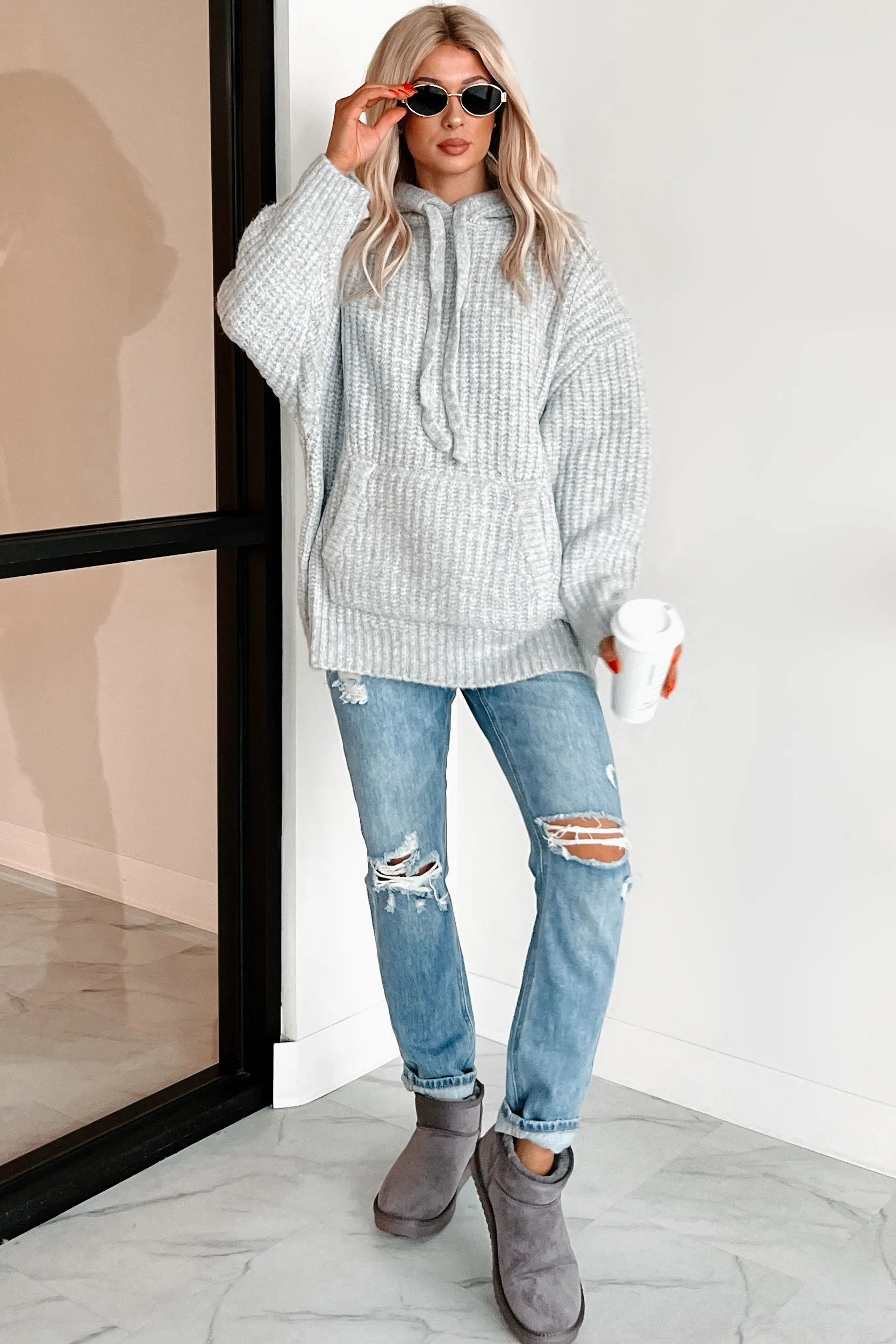 DOORBUSTER Frost Looms Übergroßer Strickpullover mit Kapuze (Heather Grey)