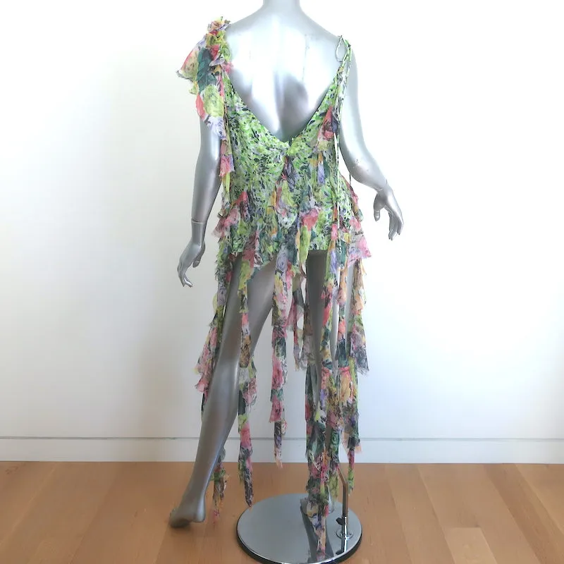 Dries Van Noten Asymmetrisches Rüschenoberteil Mehrfarbig Bedruckter Chiffon Größe 40 NEU