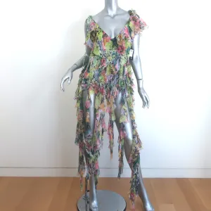 Dries Van Noten Asymmetrisches Rüschenoberteil Mehrfarbig Bedruckter Chiffon Größe 40 NEU