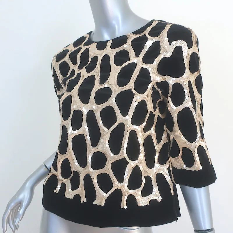 Dries Van Noten Giraffen-Pailletten-Top Schwarz Samt Größe 36 Kurzarmbluse