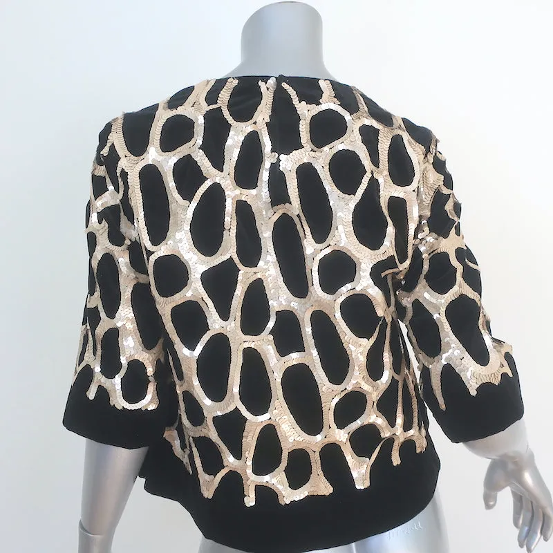 Dries Van Noten Giraffen-Pailletten-Top Schwarz Samt Größe 36 Kurzarmbluse