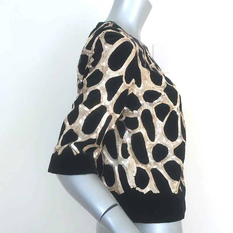 Dries Van Noten Giraffen-Pailletten-Top Schwarz Samt Größe 36 Kurzarmbluse
