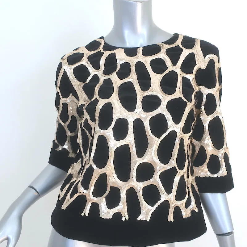 Dries Van Noten Giraffen-Pailletten-Top Schwarz Samt Größe 36 Kurzarmbluse