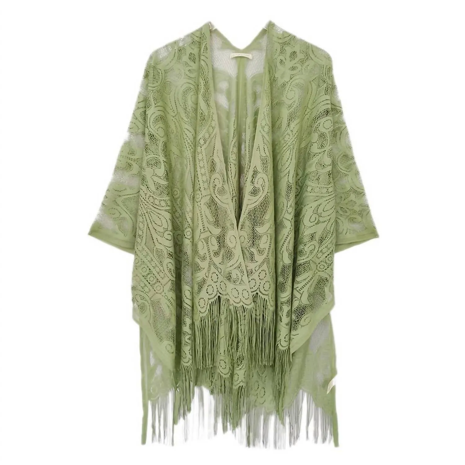 Florale Spitze Fransen Boho Kimono Umhang Tuch Überwurf in Salbeigrün