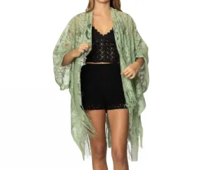 Florale Spitze Fransen Boho Kimono Umhang Tuch Überwurf in Salbeigrün