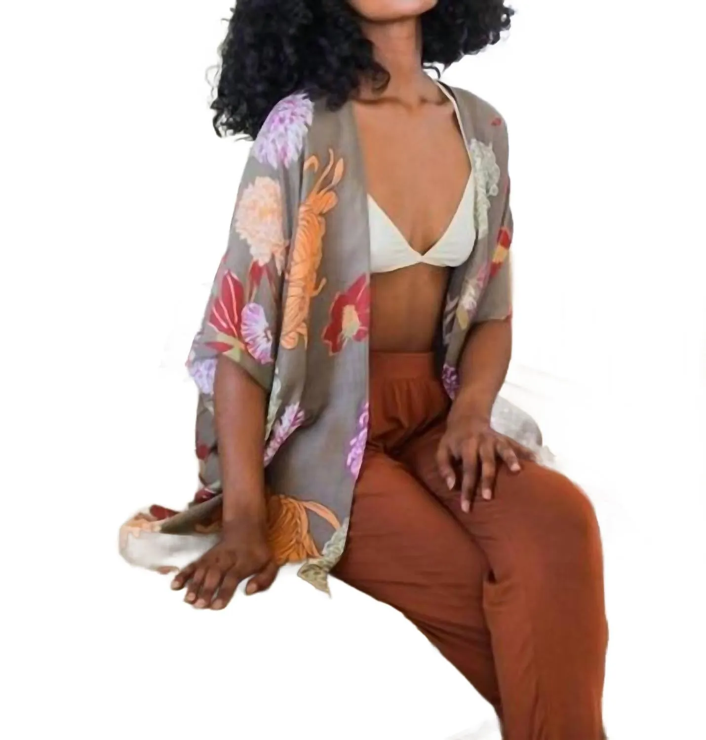 Florales Motiv Boho Festival Überwurf-Kimono in Taupe