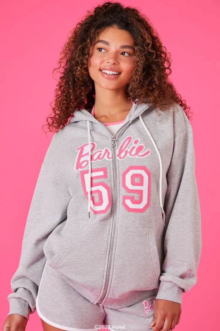 Forever 21 Damen Bestickte Barbie Zip-Up Kapuzenpullover Sweatshirt Heather Grau/Mehrfarbig Forever 21