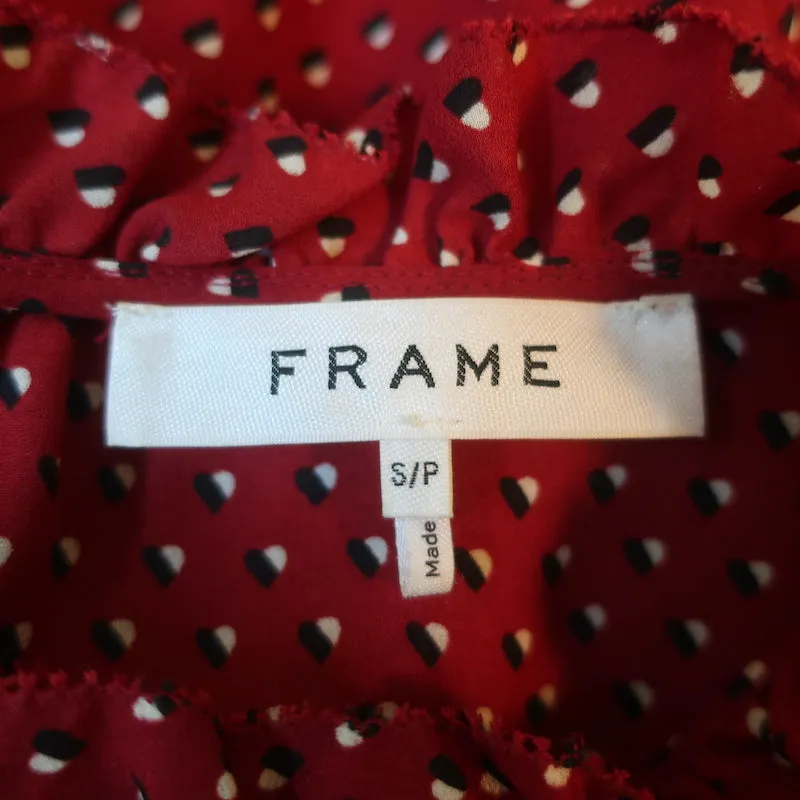 FRAME Bluse Brooke Rot Herzprint Seide Größe Small Rüschenärmel Top