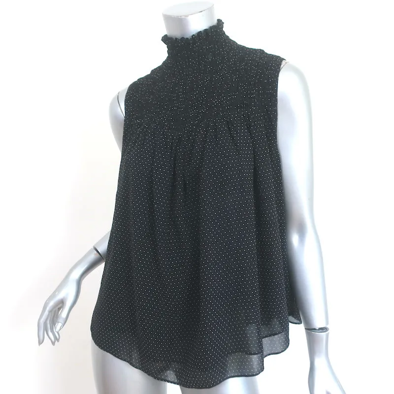 FRAME Ärmellose Bluse mit Rüschenoptik in Schwarz-Weiß-Punkten aus Seide in Größe S