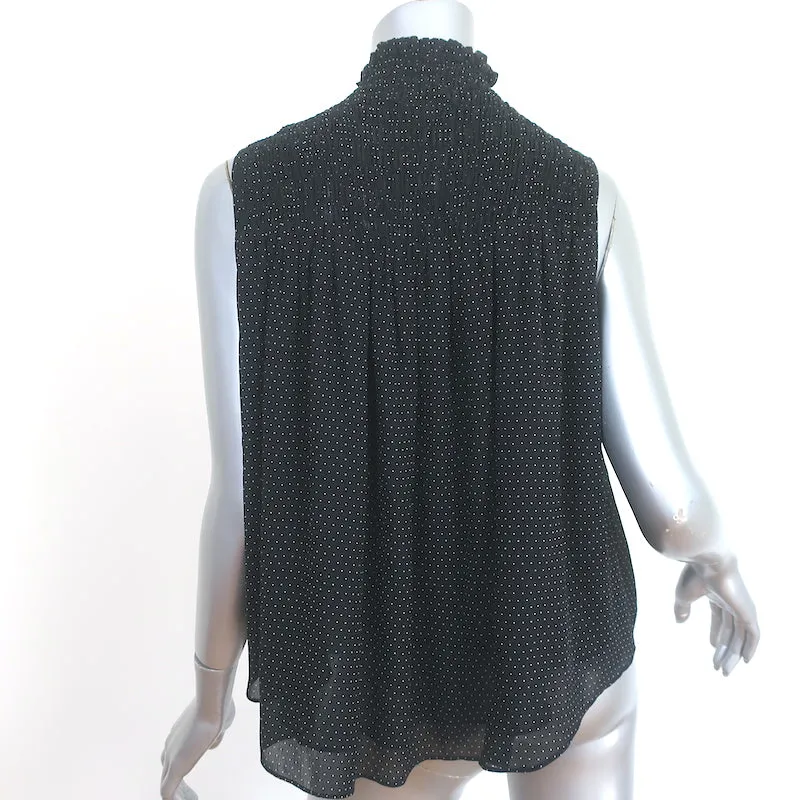 FRAME Ärmellose Bluse mit Rüschenoptik in Schwarz-Weiß-Punkten aus Seide in Größe S