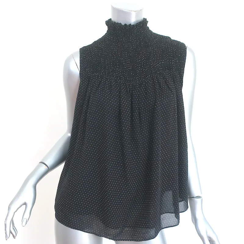 FRAME Ärmellose Bluse mit Rüschenoptik in Schwarz-Weiß-Punkten aus Seide in Größe S