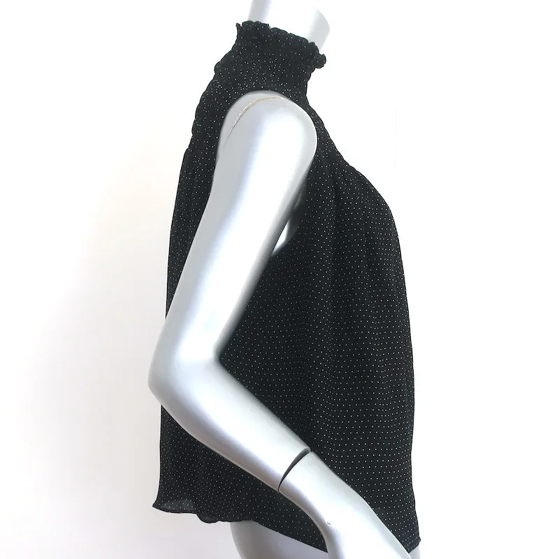 FRAME Ärmellose Bluse mit Rüschenoptik in Schwarz-Weiß-Punkten aus Seide in Größe S