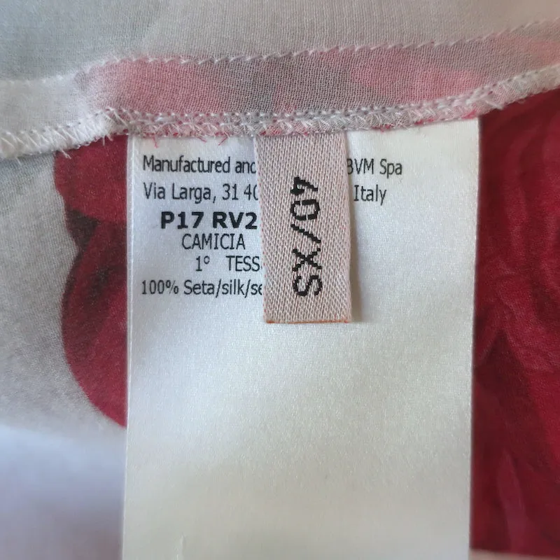 Giambattista Valli Rose Print Schleifenbluse Weiß/Rot Seide Größe 40 Glockenärmel Top