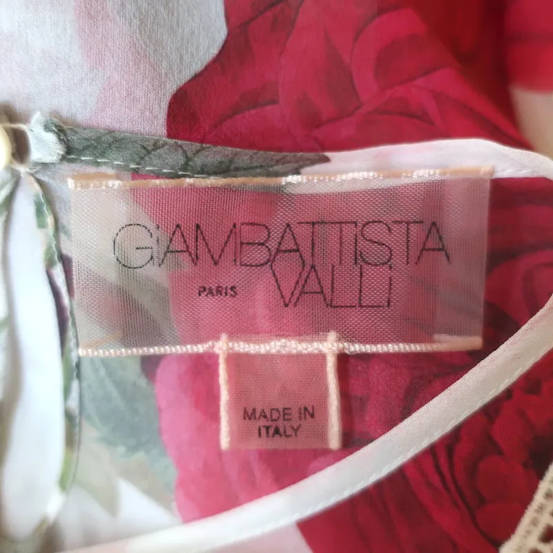 Giambattista Valli Rose Print Schleifenbluse Weiß/Rot Seide Größe 40 Glockenärmel Top