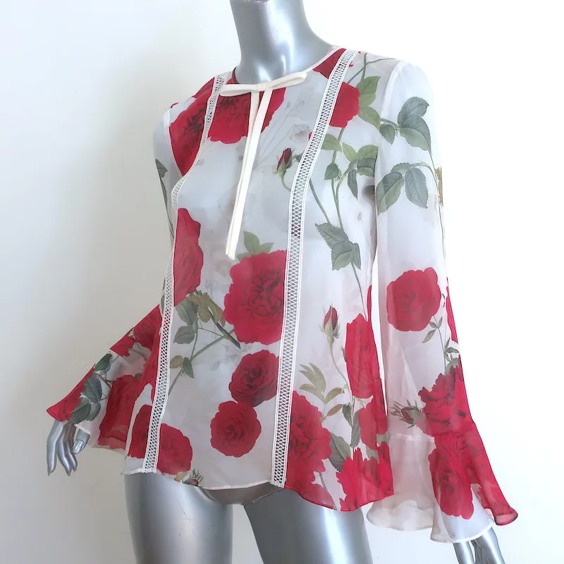 Giambattista Valli Rose Print Schleifenbluse Weiß/Rot Seide Größe 40 Glockenärmel Top
