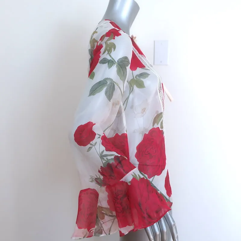 Giambattista Valli Rose Print Schleifenbluse Weiß/Rot Seide Größe 40 Glockenärmel Top