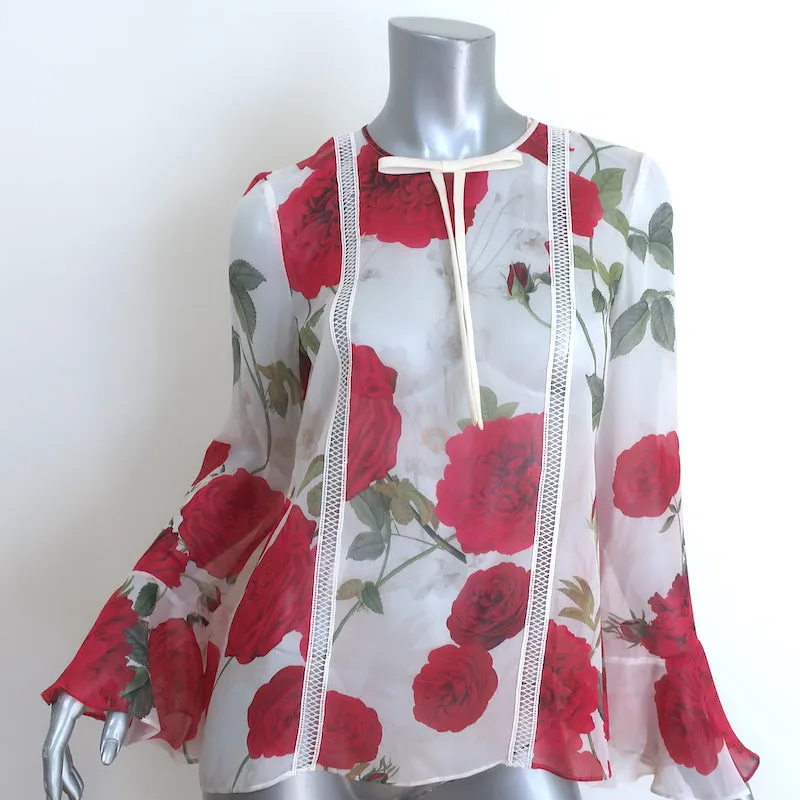Giambattista Valli Rose Print Schleifenbluse Weiß/Rot Seide Größe 40 Glockenärmel Top