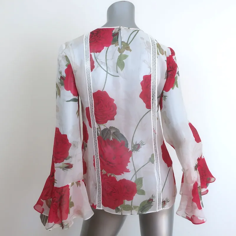 Giambattista Valli Rose Print Schleifenbluse Weiß/Rot Seide Größe 40 Glockenärmel Top