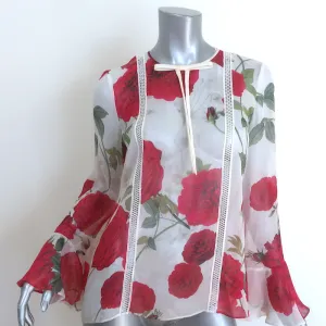 Giambattista Valli Rose Print Schleifenbluse Weiß/Rot Seide Größe 40 Glockenärmel Top