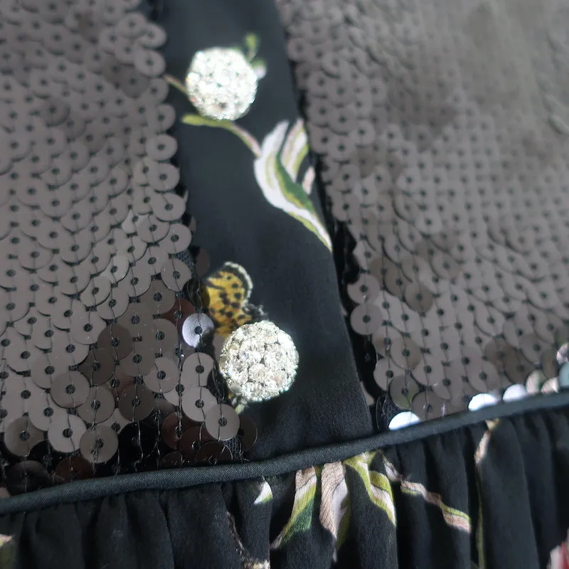 Giambattista Valli Pailletten-Bluse mit floralem Druck in Schwarz aus Seide Größe 42 NEU