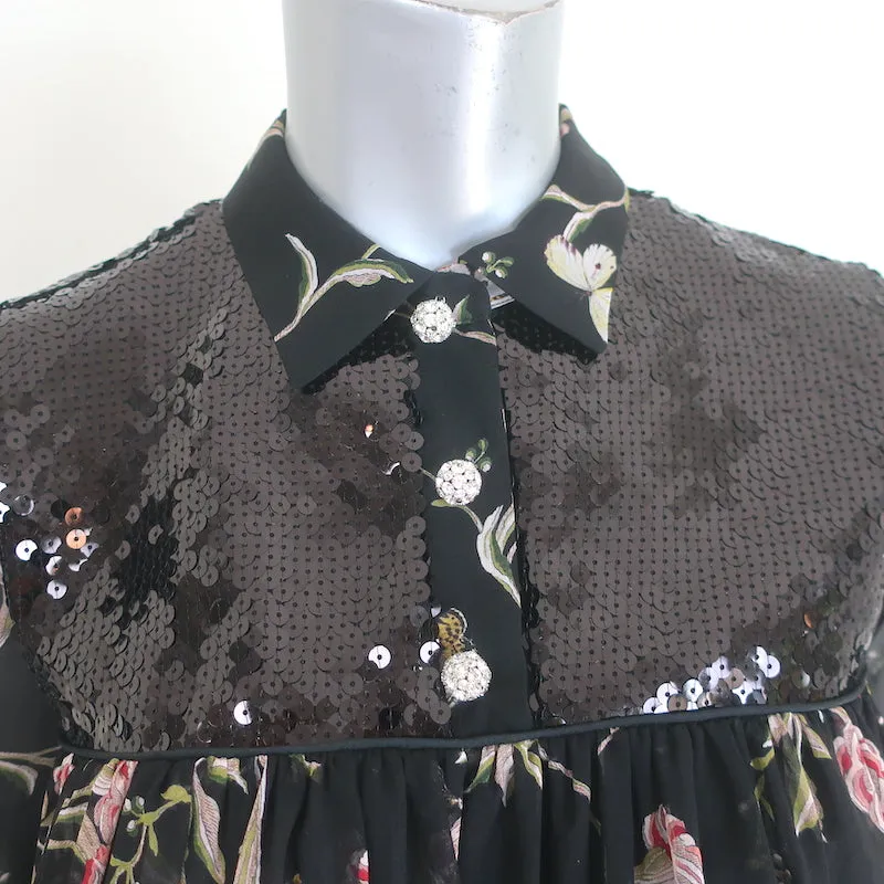 Giambattista Valli Pailletten-Bluse mit floralem Druck in Schwarz aus Seide Größe 42 NEU