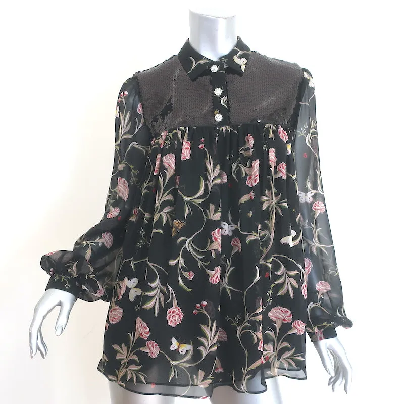 Giambattista Valli Pailletten-Bluse mit floralem Druck in Schwarz aus Seide Größe 42 NEU